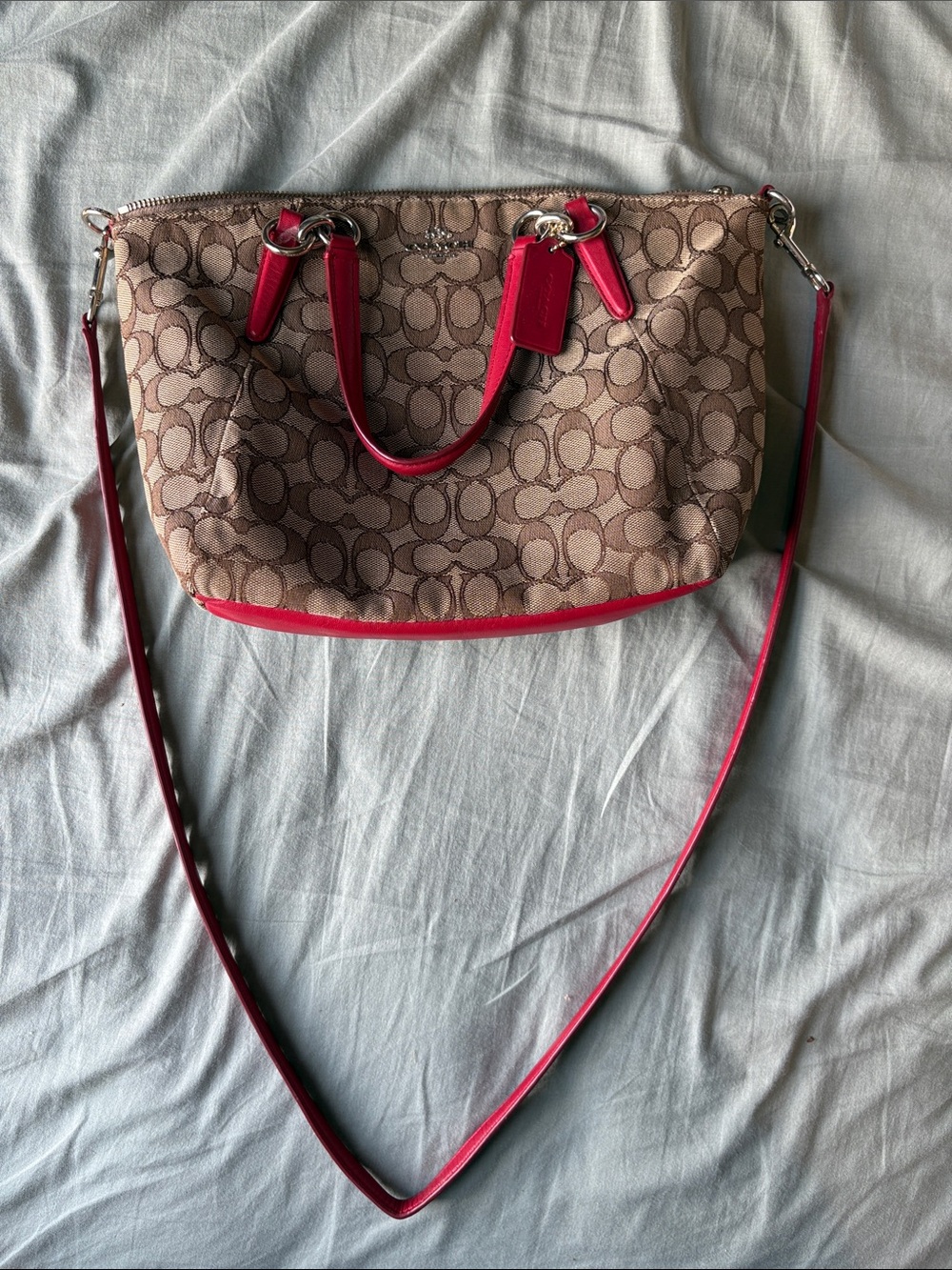 Coach Brown Signature Crossbody with Red Trim